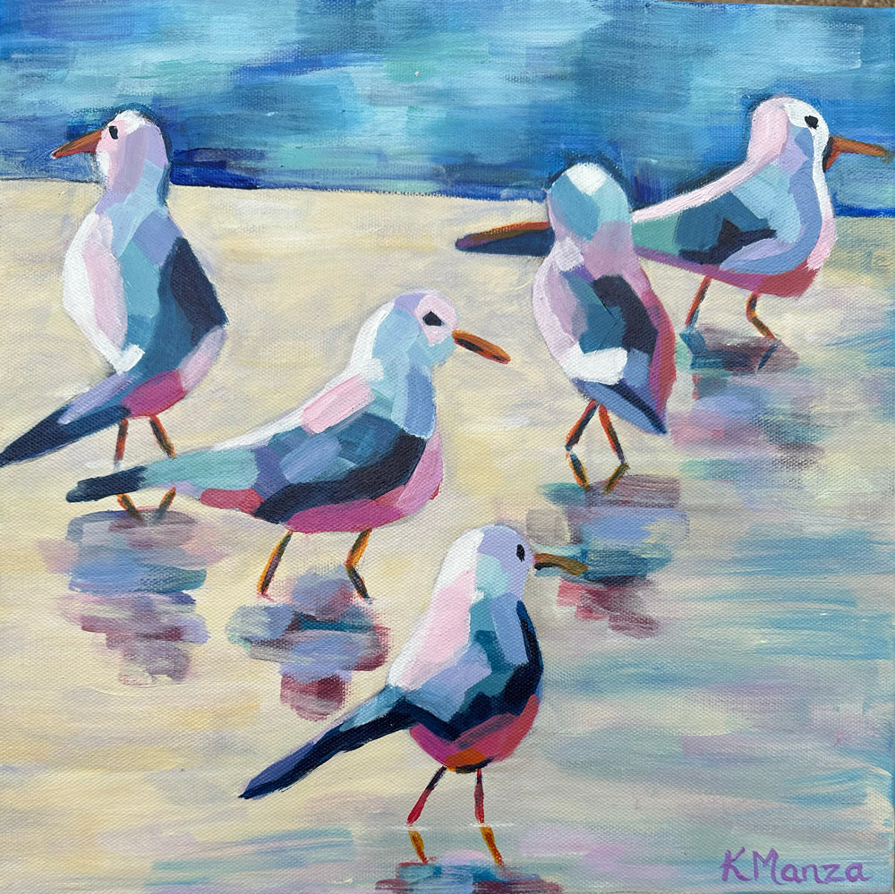 Abstract Seagull Stroll- Acrylic on Canvas - 12 x 12"