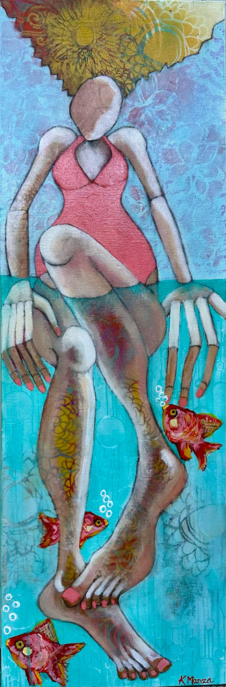 Babe and Golden Fins - Acrylic/Mixed Media on Canvas - 12 x 36