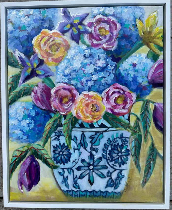Ginger Jar with Florals- Acrylic on Canvas - 17” x 21”
