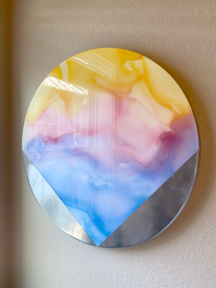 Aura 6- Ink, Mirror Paint and glossy Resin on circular panel, silver edges. 24" Diameter