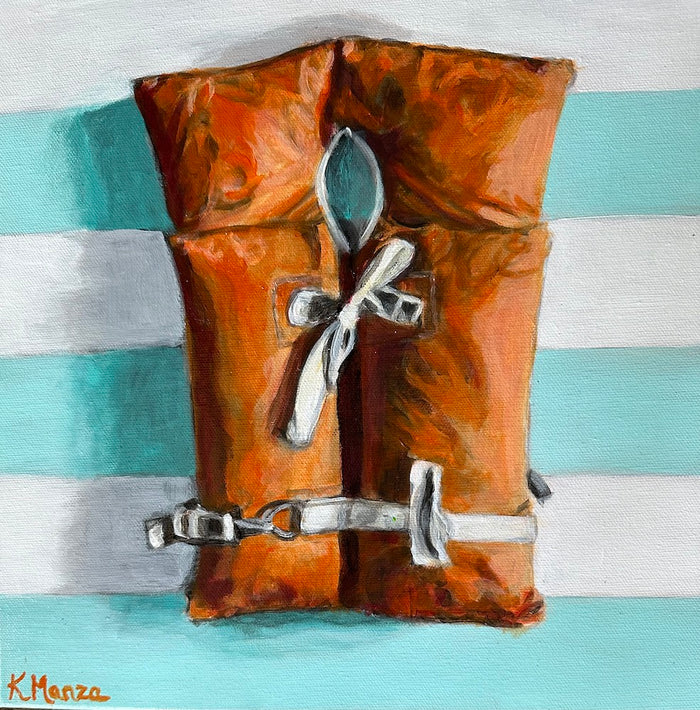 Vintage Life Jacket in Teal and Orange - Acrylic on Canvas - 12 x 12
