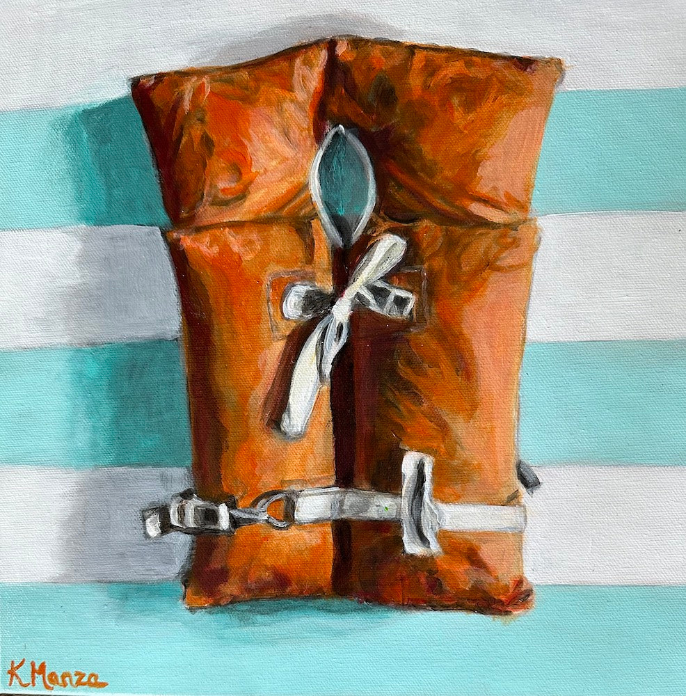 Vintage Life Jacket in Teal and Orange - Acrylic on Canvas - 12 x 12"