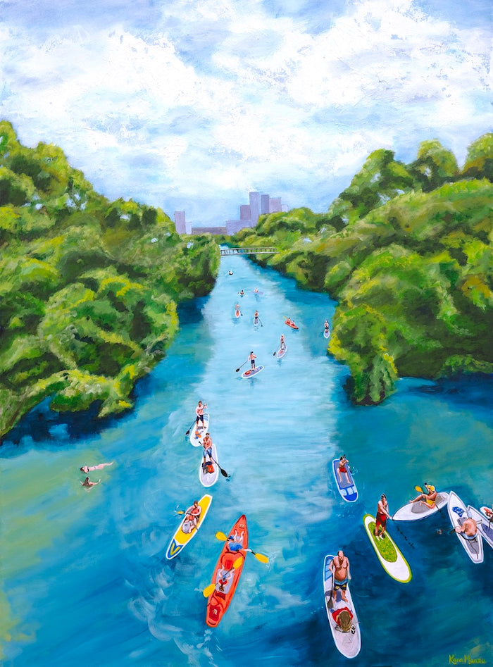 Paddle Boarding on Austin’s Lady Bird Lake - Acrylic on Canvas - 37.5 x 39.5