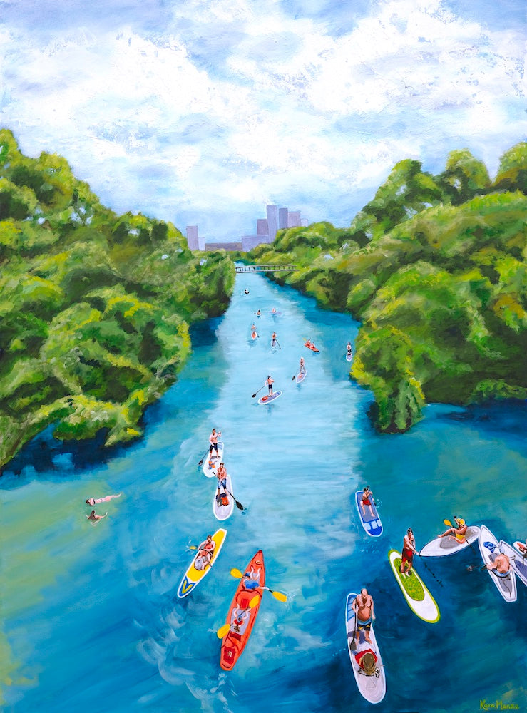 Paddle Boarding on Austin’s Lady Bird Lake - Acrylic on Canvas - 37.5 x 39.5"