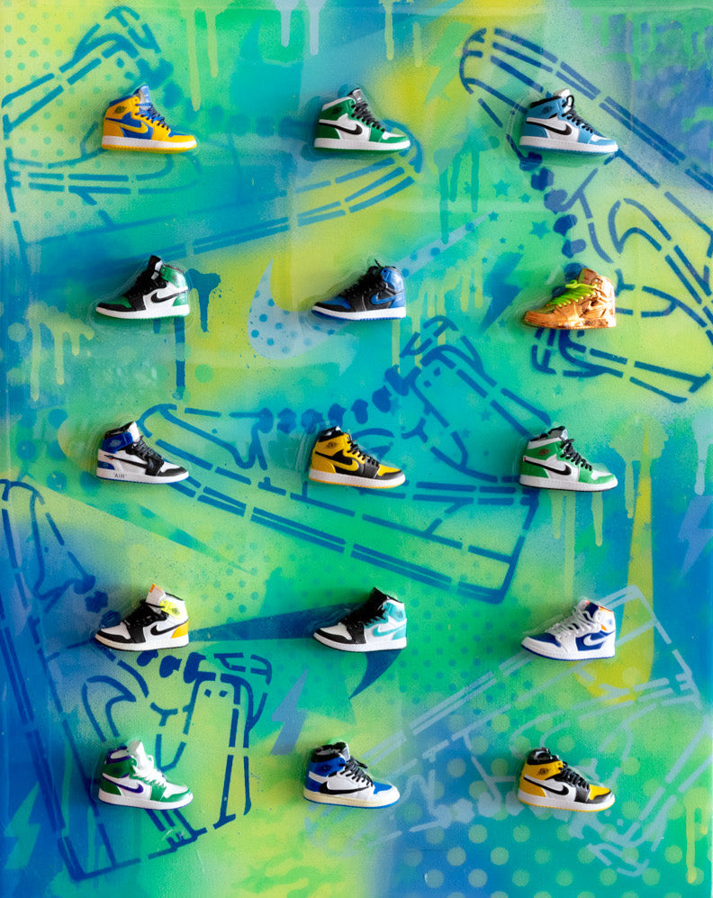 Sneaker Day 2-mini plastic Nike shoes on canvas-16 x 20"