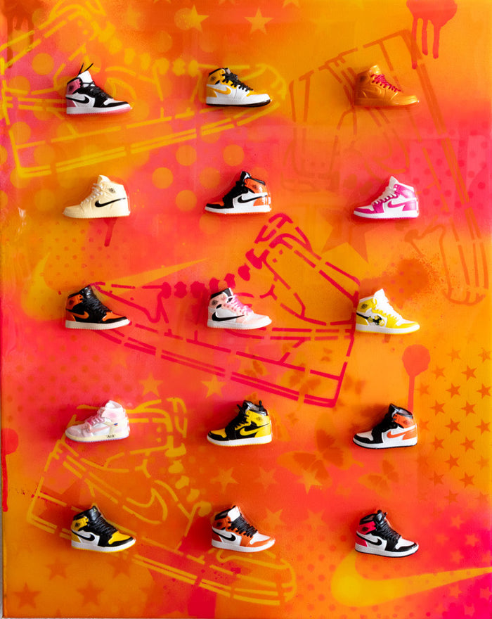 Sneaker Day 1-mini plastic Nike shoes on canvas-16 x 20