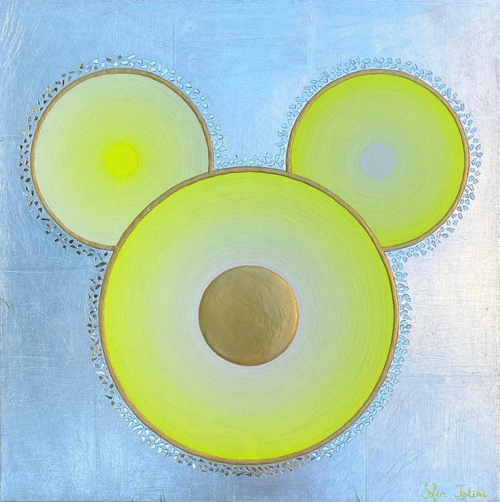 Dormouse- Acrylic, texture, silver leaf, broken glass on stretched canvas- 20 x 20 x1 .5